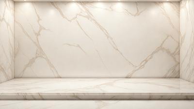 The primary subject of the image is a marble countertop. The setting is a room with a marble wall, and the visual style is a photo. The countertop is the main focus of the image, and the colors and mood are predominantly neutral, with a touch of elegance and sophistication.