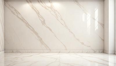 The primary subject of the image is a marble wall with a patterned design. The setting is a room with a white marble floor. The visual style is a photo of the marble wall, showcasing its unique texture and pattern. The colors and mood of the image are predominantly white, giving it a clean and elegant appearance.