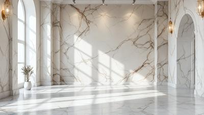 The primary subject of the image is a marble wall with a patterned design. The setting is a room with a large window, and the visual style is a photo. The colors and mood of the image are predominantly white, giving it a clean and elegant appearance.