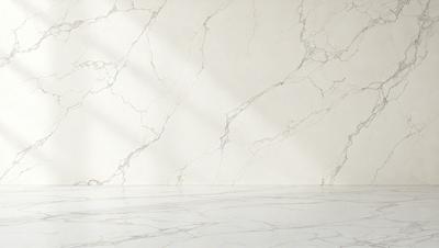 The primary subject of the image is a white marble wall with a pattern of white and grey marble. The setting is a room with a white floor, and the visual style is a photo. The colors and mood of the image are predominantly white and grey, creating a clean and minimalist atmosphere.