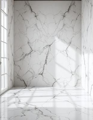 The primary subject of the image is a white marble wall with a pattern of holes. The setting is a room with a window, and the visual style is a photo. The dominant colors are white and gray, creating a clean and minimalist atmosphere.