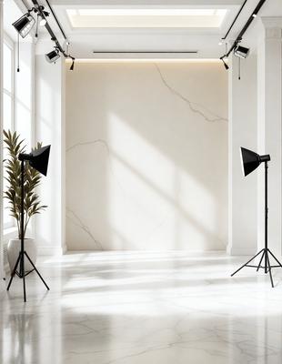 The primary subject of the image is a large white wall with a marble texture. The setting is a room with a white marble floor, and the visual style is a photo. The colors and mood of the image are predominantly white, giving it a clean and minimalist appearance.