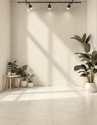 The primary subject of the image is a large white wall with a marble texture. The setting is a room with a white floor and a white table. The visual style is a photo, and the colors and mood are predominantly white, creating a clean and minimalist atmosphere.