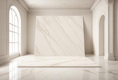 The primary subject of the image is a large, white marble wall. The setting is a room with a white marble floor, and the visual style is a photo. The colors and mood of the image are predominantly white, giving it a clean and elegant appearance.