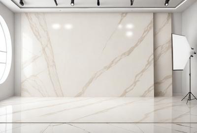 The primary subject of the image is a marble wall with a patterned design. The setting is a room with a white marble floor. The visual style is a photo of the marble wall, showcasing its intricate pattern. The colors and mood of the image are predominantly white, giving it a clean and elegant appearance.