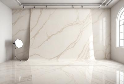 The primary subject of the image is a large, white marble wall. The setting is a room with a white marble floor, and the visual style is a photo. The colors and mood of the image are predominantly white, giving it a clean and elegant appearance.