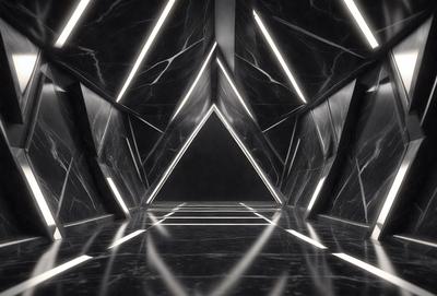 The primary subject of the image is a black and white photo of a marble staircase. The setting is a dark room with a marble wall, and the visual style is a black and white photo. The colors and mood of the image are dark and moody, with the marble staircase being the main focus.