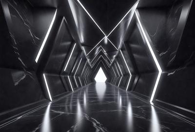 The primary subject of the image is a long, narrow hallway with a black and white color scheme. The setting is a dark room with a black marble floor, and the visual style appears to be a black and white photo. The mood of the image is somewhat eerie due to the darkness and the absence of color.