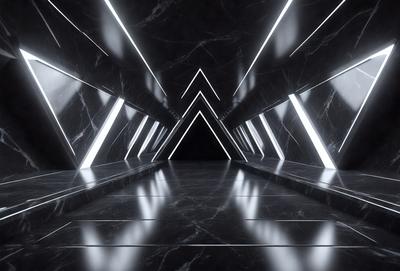 The primary subject of the image is a long, narrow hallway with a black and white color scheme. The setting is a dark room with a marble floor, and the visual style appears to be a black and white photo. The dominant colors are black and white, creating a moody and dramatic atmosphere.