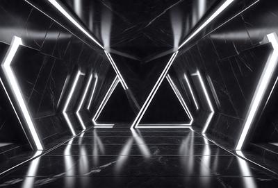 The primary subject of the image is a hallway with a black and white color scheme. The setting is a dark room with a patterned floor, and the visual style is a black and white photo. The colors and mood of the image are dark and moody, creating a sense of mystery and intrigue.