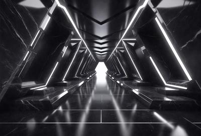 The primary subject of the image is a long, narrow hallway with a black and white color scheme. The setting is a futuristic environment, possibly a space station or a high-tech facility. The visual style is a black and white photo, which adds a sense of depth and contrast to the scene. The colors and mood of the image are dark and moody, creating a sense of mystery and intrigue.
