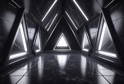 The primary subject of the image is a large, dark room with a black floor. The setting is a room with a black floor, and the visual style is a black and white photo. The room is illuminated by a series of lights, creating a dramatic atmosphere. The colors and mood of the image are predominantly dark and moody, with the black floor and lights creating a sense of mystery and intrigue.