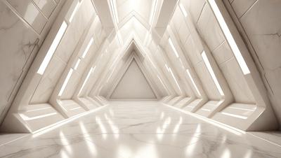 The primary subject of the image is a large, white, and empty room with a marble floor. The room is illuminated by a series of lights, creating a bright and clean atmosphere. The setting is a modern, minimalist space with a focus on the room's design and architecture. The visual style of the image is a combination of photo and digital art, creating a realistic yet artistic representation of the room. The colors and mood of the image are predominantly white, which gives the space a clean, ser