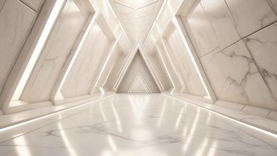 The image features a long, narrow hallway with a white marble floor. The hallway is illuminated by a series of lights, creating a bright and inviting atmosphere. The lights are positioned at various intervals along the hallway, providing a well-lit environment. The overall setting appears to be a modern and well-maintained space.