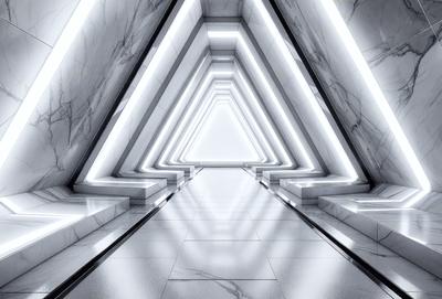 The primary subject of the image is a long, narrow hallway with a white marble floor. The setting is a marble-covered hallway, and the visual style is a black and white photo. The colors and mood of the image are predominantly white, giving it a clean and minimalist appearance.