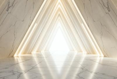 The primary subject of the image is a large, open doorway with a bright, white light shining through it. The setting is a marble-covered hallway, which adds to the luxurious and elegant atmosphere of the scene. The visual style is a combination of photo and digital art, creating a realistic yet artistic representation of the doorway. The colors and mood are predominantly white, which gives the scene a clean, bright, and inviting feel.