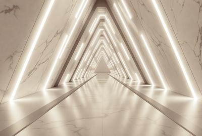The primary subject of the image is a long, narrow hallway with a marble floor. The setting is a white room with a white marble floor, and the visual style is a photo. The colors and mood of the image are predominantly white, giving it a clean and minimalist appearance.