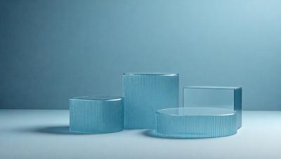The primary subject of the image is a collection of three blue glass bowls or vases, placed on a white surface. The setting is a simple, clean environment, with no visible background or distractions. The visual style is a close-up of the glass objects, showcasing their unique shapes and textures. The colors and mood of the image are predominantly blue, creating a calm and serene atmosphere.