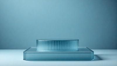 The primary subject of the image is a blue glass bowl or vase, which is placed on a white surface. The setting is a blue background, which creates a contrasting and visually appealing scene. The visual style of the image is a combination of photo and digital art, as it appears to be a photograph of a digital art piece. The colors and mood of the image are predominantly blue, creating a calm and serene atmosphere.