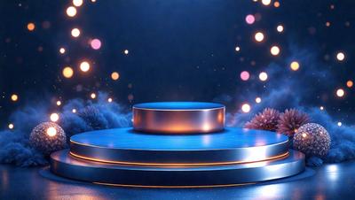 The primary subject of the image is a blue, circular object, possibly a table or a stand, with a blue background. The visual style appears to be a combination of photo and digital art, creating a unique and eye-catching scene. The colors and mood of the image are predominantly blue, giving it a calm and serene atmosphere.