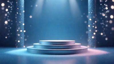 The primary subject of the image is a blue stage with a white platform in the center. The stage is surrounded by a blue background, giving it a futuristic appearance. The visual style of the image is digital art, as it is a computer-generated scene. The colors and mood of the image are predominantly blue, creating a calm and serene atmosphere.