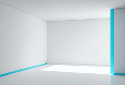 The primary subject of the image is a white room with a blue border. The setting is a white room with a blue border, and the visual style is a photo. The colors and mood of the image are predominantly white and blue, creating a clean and calm atmosphere.