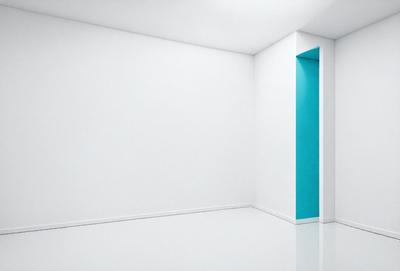 The primary subject of the image is a white wall with a blue doorway. The setting is a room with a white floor, and the visual style is a photo. The dominant colors are white and blue, creating a clean and calming atmosphere.