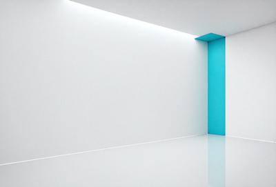 The primary subject of the image is a white wall with a blue stripe. The setting is a room with a white floor, and the visual style is a photo. The dominant colors are white and blue, creating a clean and minimalist atmosphere.