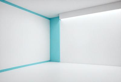 The primary subject of the image is a white wall with a blue stripe. The setting is a room with a blue wall, and the visual style is a photo. The colors and mood of the image are predominantly white and blue, creating a clean and calm atmosphere.