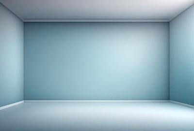 The primary subject of the image is a large, empty white wall. The setting is a room with a blue wall, and the visual style is a photo. The colors and mood of the image are predominantly white and blue, creating a clean and minimalist atmosphere.