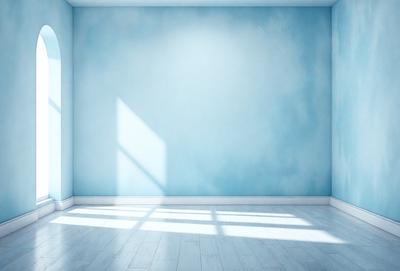 The primary subject of the image is a blue wall with a window. The setting is a room with a blue wall and a window. The visual style is a photo of a room with a blue wall and a window. The colors and mood are predominantly blue, creating a calm and serene atmosphere.