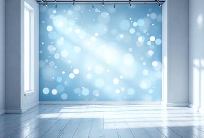 The primary subject of the image is a blue wall with a pattern of white dots. The setting is a room with a wooden floor. The visual style is a photo, and the dominant colors are blue and white. The overall atmosphere is calm and serene.