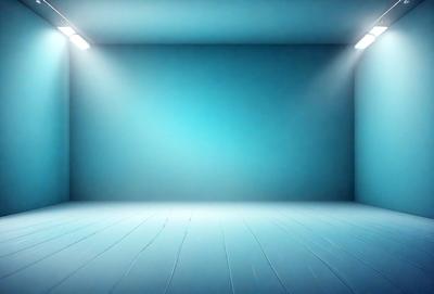 The primary subject of the image is a large, empty room with a blue wall. The setting is a room with a blue wall, and the visual style is a photo. The colors and mood of the image are predominantly blue, creating a calm and serene atmosphere.