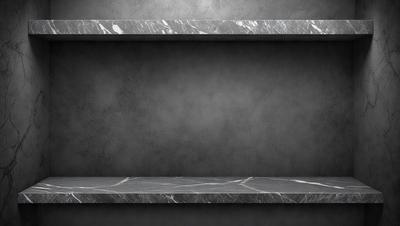 The primary subject of the image is a marble countertop with a shelf on top of it. The setting is a room with a gray wall, and the visual style is a photo. The countertop is the main focus of the image, and the overall atmosphere is modern and elegant.