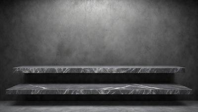 The primary subject of the image is a marble bench. The setting is a gray wall, which serves as the backdrop for the bench. The visual style is a photo, capturing the bench and the wall in a realistic manner. The colors and mood of the image are predominantly gray, giving it a minimalist and elegant appearance.