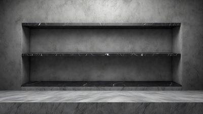 The primary subject of the image is a bookshelf with three shelves. The setting is a room with a grey wall, and the visual style is a photo. The dominant colors are grey and black, creating a modern and minimalist atmosphere.