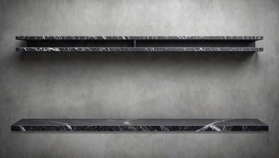 The primary subject of the image is a shelf with a marble top. The shelf is empty and has a black color. The setting is a room with a gray wall, which serves as the background. The visual style is a photo, and the colors and mood are dark and minimalistic.