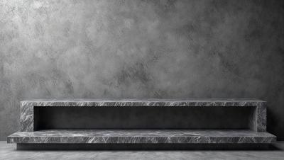 The primary subject of the image is a marble bench. The setting is a grey wall, which serves as the backdrop for the bench. The visual style is a photo, capturing the bench and the wall in a realistic manner. The colors and mood of the image are predominantly grey, giving it a calm and minimalistic atmosphere.