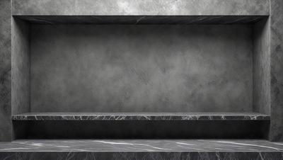 The primary subject of the image is a marble countertop with a black shelf. The setting is a room with a gray wall, and the visual style is a photo. The colors and mood of the image are predominantly gray, giving it a modern and sophisticated appearance.