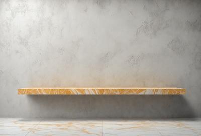 The primary subject of the image is a long, narrow bench with a marble finish. The bench is situated against a white wall, which serves as the setting and background of the scene. The visual style of the image is a photo, capturing the details and textures of the marble bench and the white wall. The colors and mood of the image are predominantly neutral, with the white wall and marble bench creating a clean and elegant atmosphere.