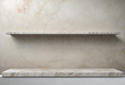 The image features a white marble shelf with a smooth, polished surface. The shelf is empty, with no items placed on it. The marble material gives the shelf a luxurious and elegant appearance. The overall atmosphere of the image is clean and minimalistic, with the focus on the shelf and its design.