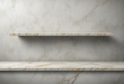 The primary subject of the image is a white shelf with a marble-like surface. The shelf is situated against a wall, and it appears to be empty. The setting is a room with a white wall, and the visual style is a close-up of the shelf. The colors and mood of the image are predominantly white, giving it a clean and minimalist appearance.