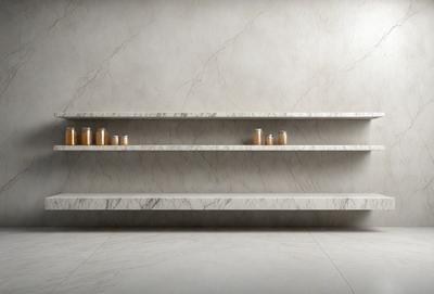 The primary subject of the image is a white marble shelf with a row of jars on it. The setting is a white wall, and the visual style is a photo. The dominant colors are white and gray, creating a clean and minimalist atmosphere.
