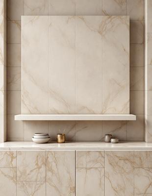 The primary subject of the image is a white marble wall with a mirror on it. The setting is a bathroom, and the visual style is a photo. The colors and mood of the image are predominantly white, giving it a clean and elegant appearance.