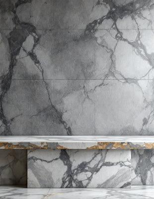 The primary subject of the image is a marble countertop with a marble wall behind it. The setting is a room with a marble wall and a marble countertop. The visual style is a photo of a marble countertop and wall. The colors and mood of the image are predominantly gray, giving it a sophisticated and elegant appearance.