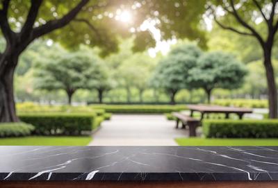 The primary subject of the image is a marble countertop. The setting is a park with a bench and trees in the background. The visual style is a photo, and the colors and mood are predominantly green, as the park is filled with trees.