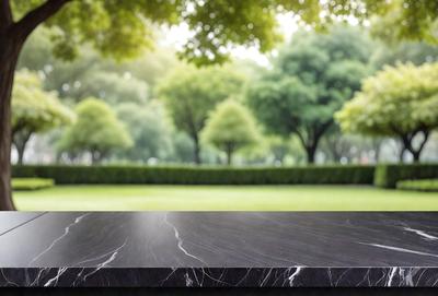 The primary subject of the image is a black marble countertop. The setting is a park with trees in the background. The visual style is a photo, and the colors and mood are dark and moody.