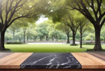 The primary subject of the image is a marble countertop. The setting is a park with a grassy area and several trees in the background. The visual style is a photo, and the colors and mood are predominantly green and serene, as the park is lush and inviting.