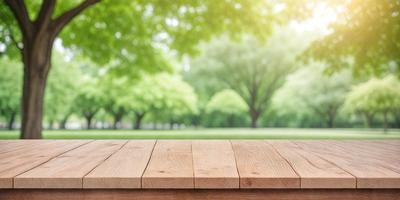 The primary subject of the image is a wooden bench. The setting is a park with a grassy field and trees in the background. The visual style is a photo, and the colors and mood are predominantly green, with a serene and peaceful atmosphere.