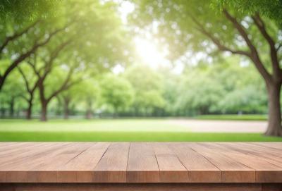 The primary subject of the image is a wooden bench situated in a park. The setting is a grassy field with trees in the background, creating a serene and natural atmosphere. The visual style is a photo, capturing the outdoor environment and the bench's presence. The colors in the image are predominantly green, representing the lush grass and trees, and the overall mood is calm and peaceful.